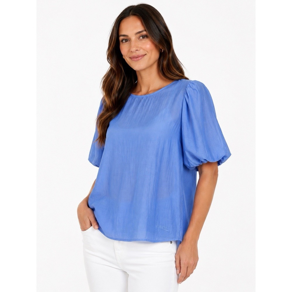 Karl Lagerfeld Paris Blue Puff Sleeve Blouse Women's XL Lightweight Sheer Top